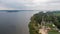 Trzebiez, Poland. Aerial view on coast of Zalew Szczecinski and forest. Drone photo