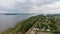 Trzebiez, Poland. Aerial view on coast of Zalew Szczecinski and forest. Drone photo