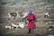 Tsaatan boy with his family reindeer in northern Mongolia