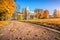 Tsaritsyno Palace in Moscow and leaves on a path