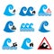 Tsunami, big wave warning, natural disaster icons set - global warning, nature concept