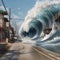 Tsunami, catastrophe, a huge wave from the ocean covered houses and streets,