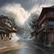 Tsunami, catastrophe, a huge wave from the ocean covered houses and streets,
