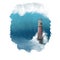Tsunami digital art illustration of natural disaster. Lighthouse suffer from strong waves in sea or ocean. Damage caused by flood