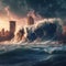 Tsunami hitting the skyline of a coastal modern city created with Generative AI