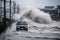 tsunami waves crash onto coastal city, flooding streets and knocking over vehicles