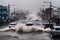 tsunami waves crash onto coastal city, flooding streets and knocking over vehicles