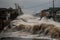tsunami waves crash over seawalls, flooding coastal cities and towns