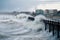 tsunami waves crash over seawalls, flooding coastal cities and towns