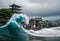 Tsunami waves encroach on land submerging Japanese coastal city