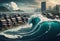 Tsunami waves encroach on land submerging Japanese coastal city, Digital art style