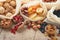 Tu Bishvat celebration concept Mix of dry fruits and almonds, hazelnuts, walnuts, apricots, prunes, cherries, raisins, dates,