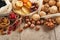 Tu Bishvat celebration concept Mix of dry fruits and almonds, hazelnuts, walnuts, apricots, prunes, cherries, raisins, dates