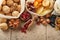 Tu Bishvat celebration concept Mix of dry fruits and almonds, hazelnuts, walnuts, apricots, prunes, cherries, raisins, dates,