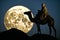 Tuareg riding a camel in desert at night with full supermoon in the background. Generative Ai