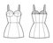 Tube dress technical fashion illustration with bustier, sleeveless, fitted body, mini length skirt. Flat garment apparel