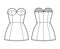 Tube dress technical fashion illustration with bustier, sleeveless, strapless, fitted body, mini length skirt garment