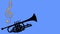 Tube and golden violin key. Colorful moving musical notes. Animation of a trumpet on a blue background. Black tube