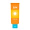 Tube of sunscreen. bright orange packaging with sun icon. vector illustration