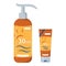 Tube of sunscreen suntan oil cream. Bottle set. Solar defence. Sun symbol icon. SPF 30 50 sun protection factor. UVA UVB