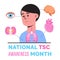 Tuberous sclerosis awareness month is celebrated in USA. Patient with rash, pimples are shown. Blue ribbon vector. Health care