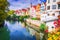 Tubingen, Germany. Colorful german small town, autumn landscape river Neckar