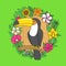 Tucan in a wreath of tropical flowers