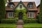 tudor house with brick base and ivy exterior