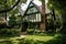 tudor house with wrap-around porch surrounded by lush greenery