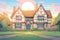 tudor mansion at sunset, magazine style illustration