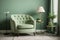 Tufted armchair and coffee table with lamp near light green wall.