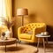 tufted armchair paired with a trendy coffee table. A lamp nearby creates a cozy atmosphere. The yellow wall adds a vibrant element