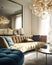 Tufted beige sofa and big mirror. Interior design of modern living room. Created with generative AI