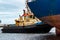 Tug ship towing blue bulk carrier