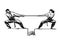 Tug of war. Man and woman are pulling rope. Business competitive concept. Couple fighting. Gender conflict. Psychology