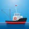 Tugboat. Fisherman ship. Cartoon style. Funny picture. Vector Image.