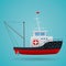 Tugboat. Fisherman ship. Cartoon style. Funny picture. Vector Image.