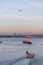 Tugboat, Ship and Airplane in Downtown Vancouver, BC, Canada