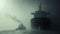 A tugboat struggles to tow a mive grain carrier through a thick fog underscoring the impact of reduced visibility on