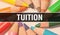 Tuition concept banner with texture from colorful items of education, science objects and 1 september School supplies. tuition