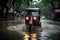 Tuk tuk driving through a flooded street. Generative AI