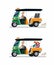 Tuk tuk rickshaw traditional transportation from thailand with driver and tourist couple icon set. Cartoon flat vector illustratio