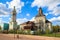 Tula city, Russia - May 2019: towers of orthodox Nikolo-Zaretskaya church and Christmas Temple of Christ in the warm sun rays.