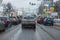 Tula, Russia - February 21, 2021: Cars stopped on crossroads traffic lights at winter day on main street.