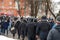 TULA, RUSSIA - JANUARY 23, 2021: Public mass meeting in support of Alexei Navalny, group of police officers going to