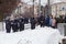 TULA, RUSSIA - JANUARY 23, 2021: Public mass meeting in support of Navalny, police officers waiting for order to arrest