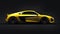 Tula, Russia. May 12, 2021: Audi R8 V10 Quattro 2016 yellow luxury stylish super sport car on black background. 3d