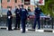 TULA, RUSSIA - MAY 9, 2014: Four male police officers talking near road in summer city.