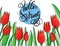 Tulip bouquet over white background with custom text Hello Spring. Vector illustration