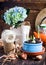 Tulip bulbs, potted sprouts, wicker hat, hyacinth and tools